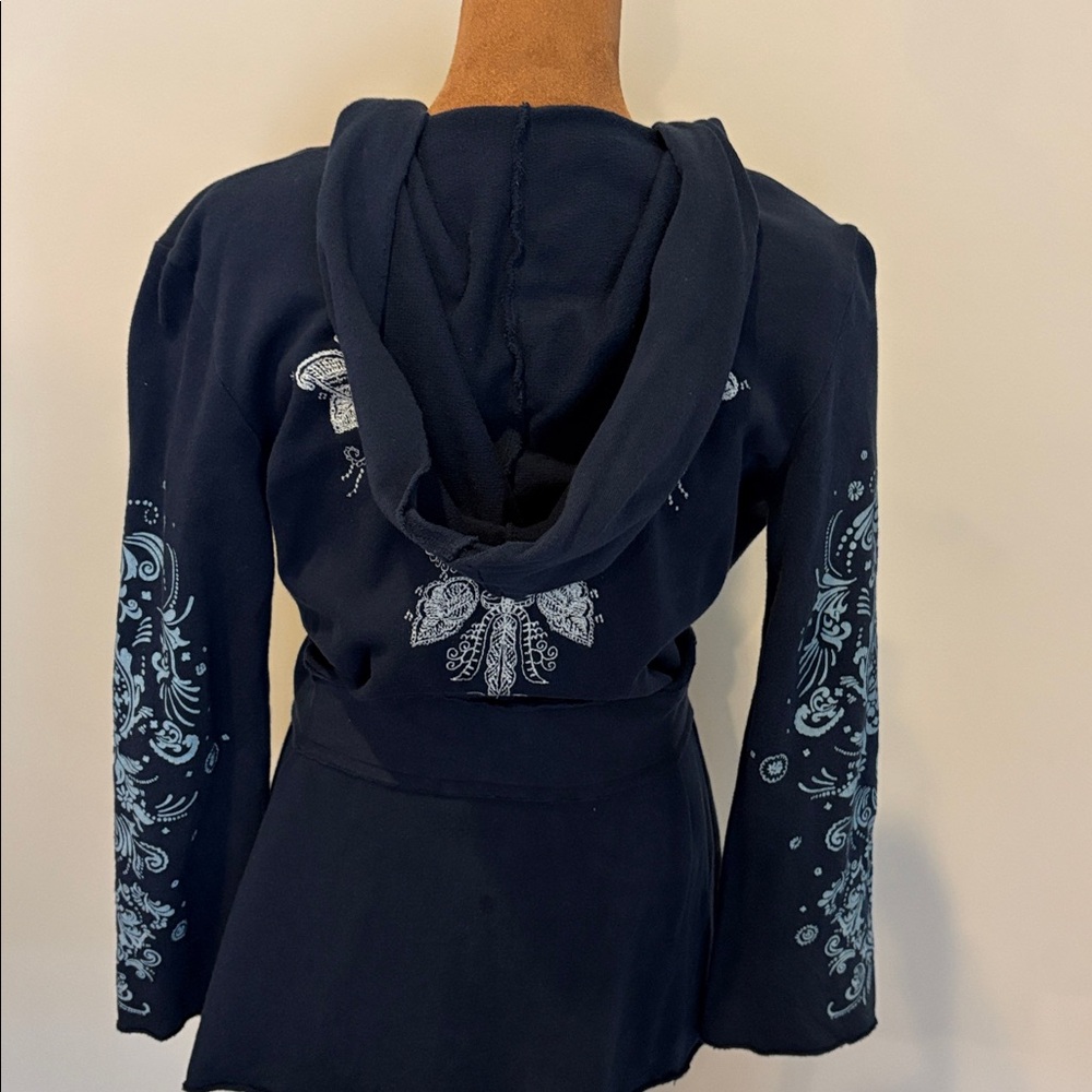 Navy Cotton Wrap Sweater Embroidered Garment - S - Picture 4 of 8